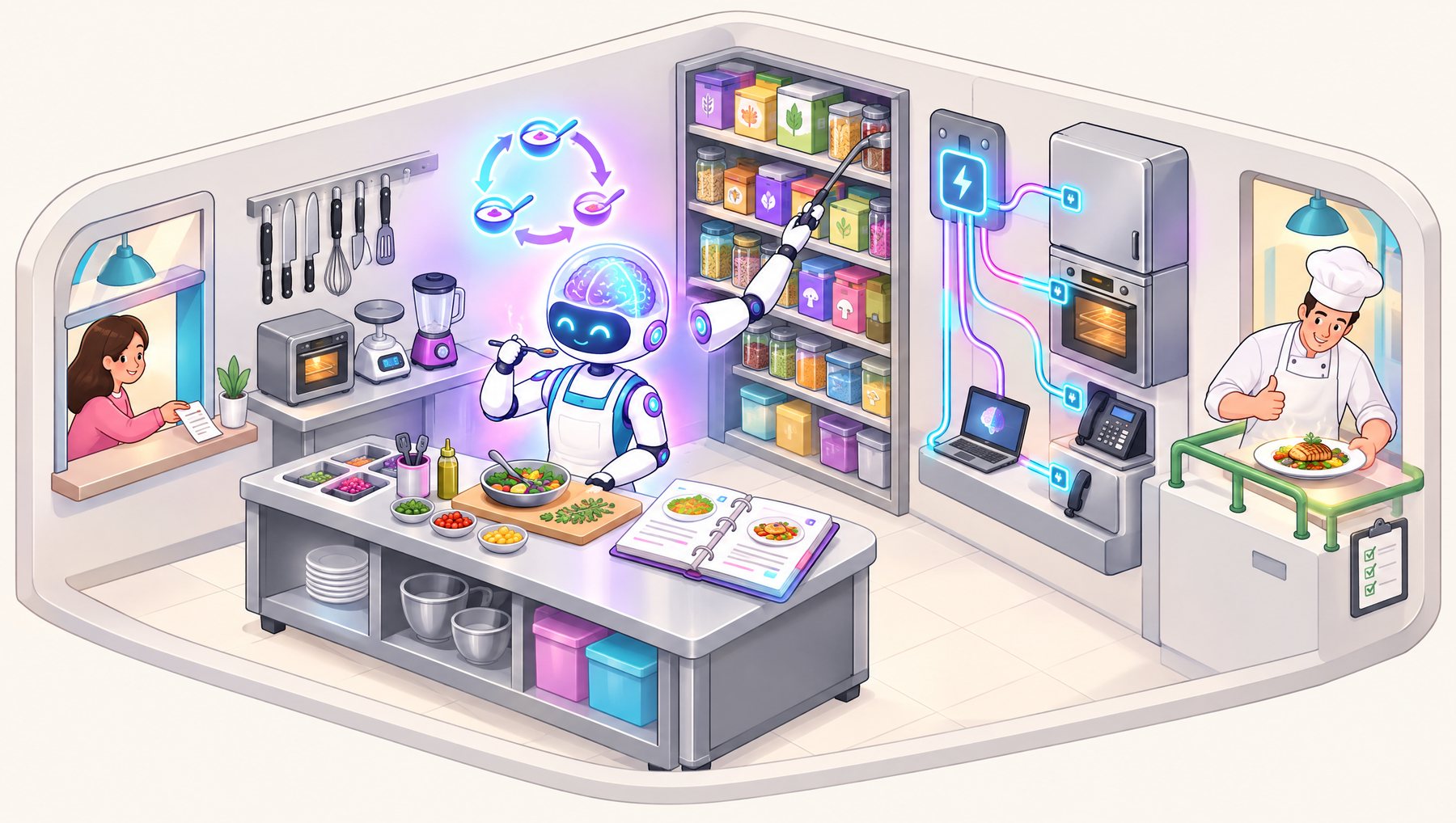Illustrated kitchen: a customer hands in an order, a robot chef with a glowing brain cooks at the bench with a tool rack, recipe binder and pantry, a universal plug board powers the appliances, and a human head chef checks the finished plate.